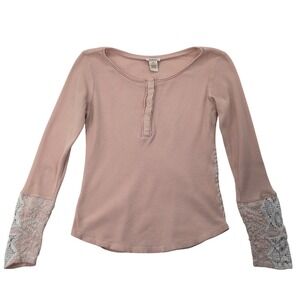 Sundance Waffle Knit Lace Sleeve Henley Shirt Womens M Pale Pink Floral Softgirl